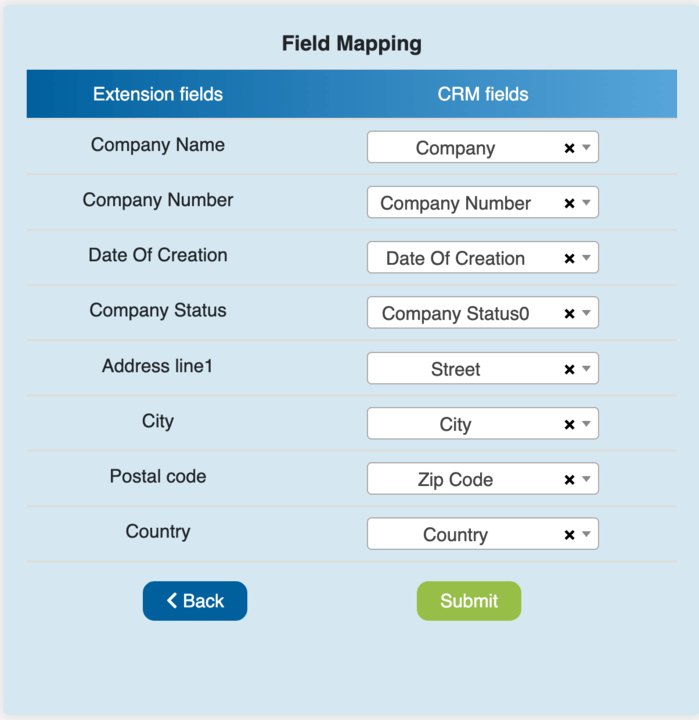 Field mapping screen for Companies House data in Zoho CRM