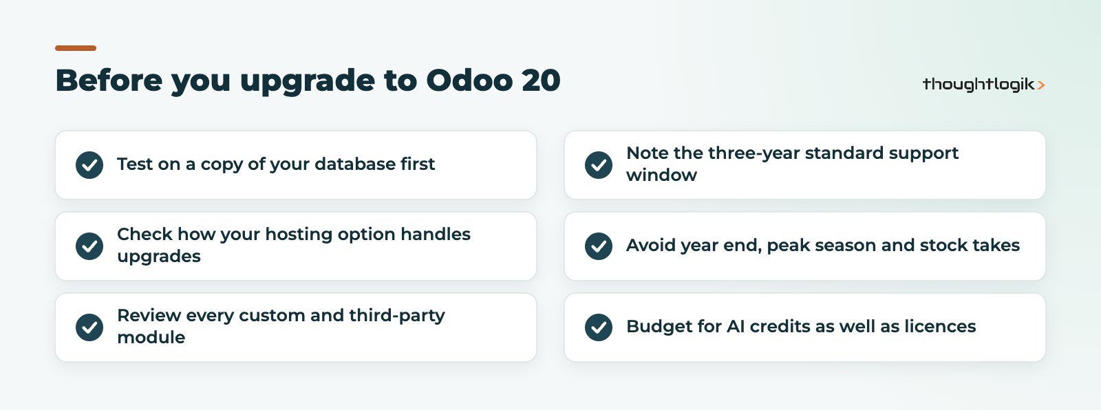 Upgrade checklist for adopting Odoo 20 new features