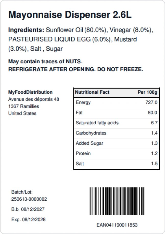 Odoo food product label with ingredients, allergens and nutrition