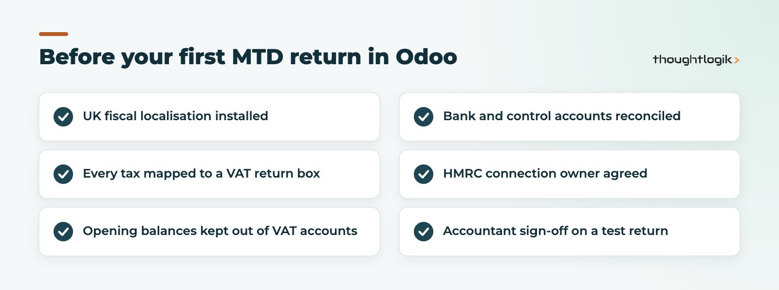Checklist for Odoo Making Tax Digital readiness before the first HMRC VAT return