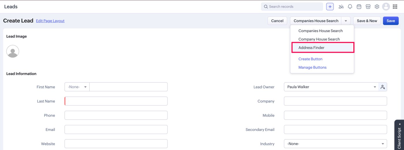 Address Finder button in the Zoho CRM record menu