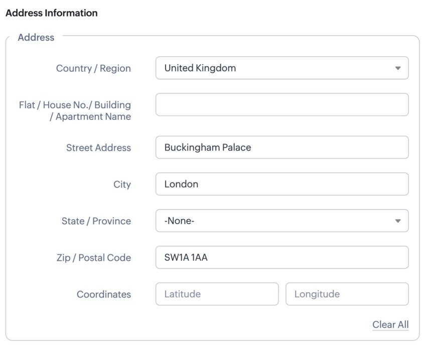 Zoho CRM address fields populated by the postcode finder
