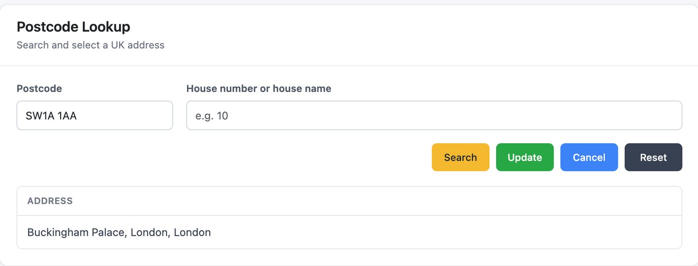 Postcode Lookup pop-up with a UK address result