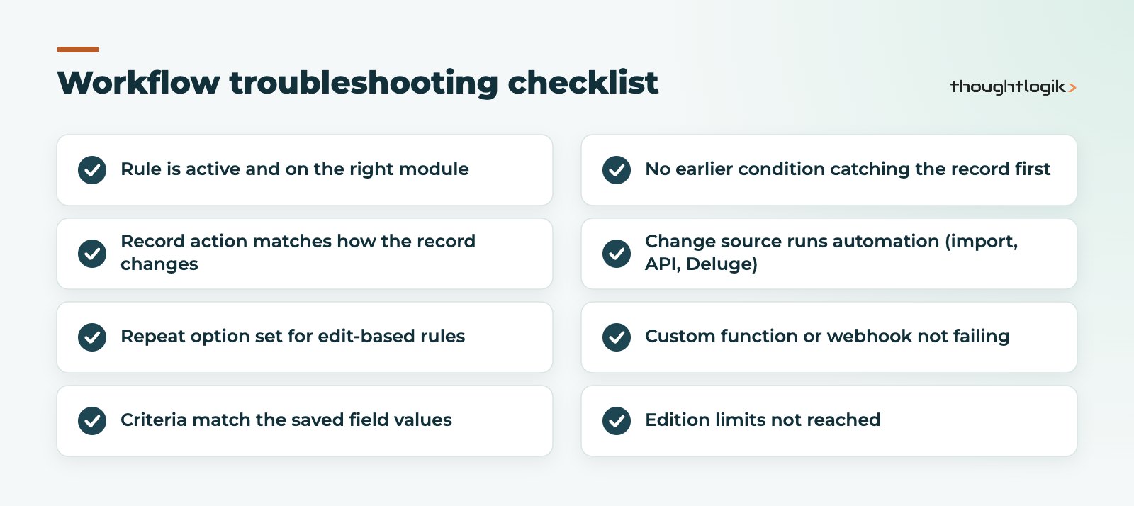 Checklist for fixing a Zoho CRM workflow not triggering