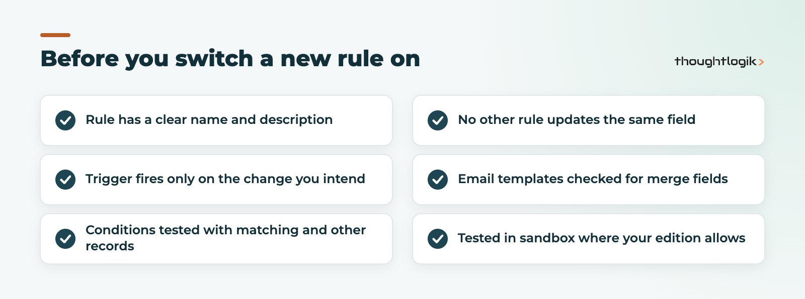 Checklist for testing Zoho CRM workflow rules before activation