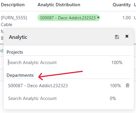 Selecting an analytic distribution on an Odoo purchase order line