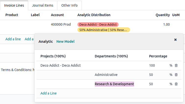 Odoo analytic distribution window splitting an invoice line across Projects and Departments plans