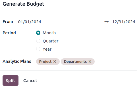 Odoo Generate Budget window with period and analytic plans